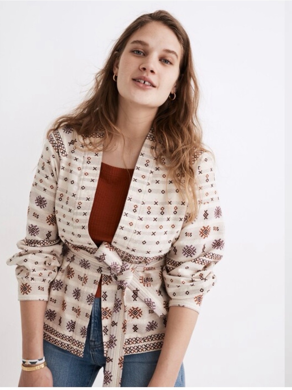 Madewell Cream Tie-Belt Patterned Cardigan with Rust Accents